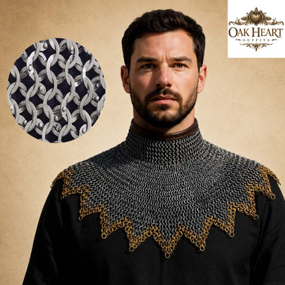 Medieval Chainmail Gorget Collar – Flat Riveted Rings with 3 Brass Rows