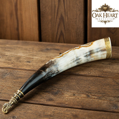 Handcrafted Viking Horn Mug with Brass Tip – Engraved Medieval Drinking Horn for LARP & Gifts