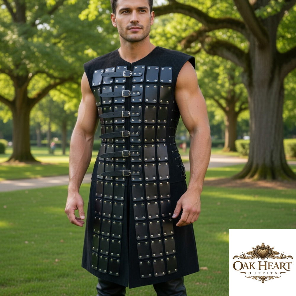Men’s Brown Leather Gladiator Armor Outfit – Roman Warrior Costume with Buckle Design”