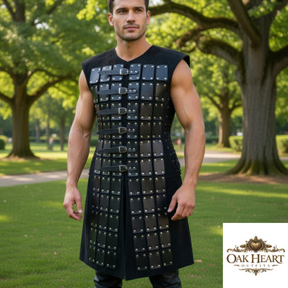 Men’s Brown Leather Gladiator Armor Outfit – Roman Warrior Costume with Buckle Design”