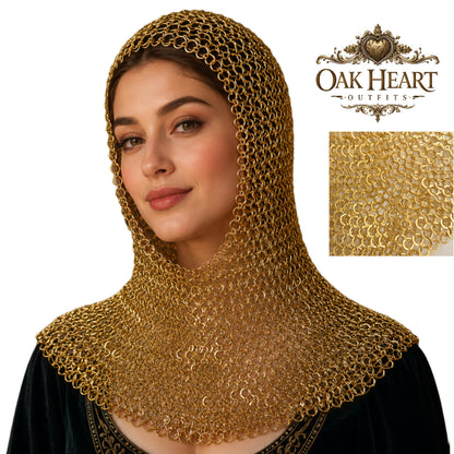 Brass Chainmail Coif Hood, Medieval Chainmail Armor, Renaissance