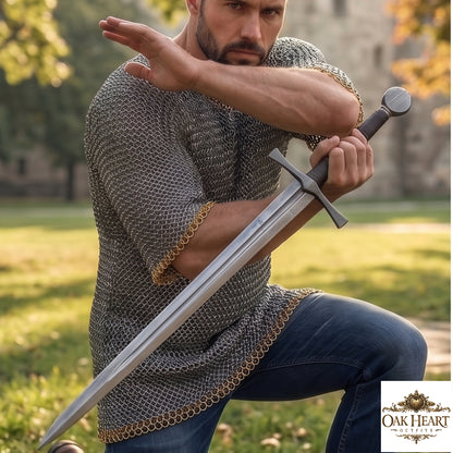 Medieval 9mm Flat Ring Chainmail Shirt – Riveted Mild Steel with Brass Trim