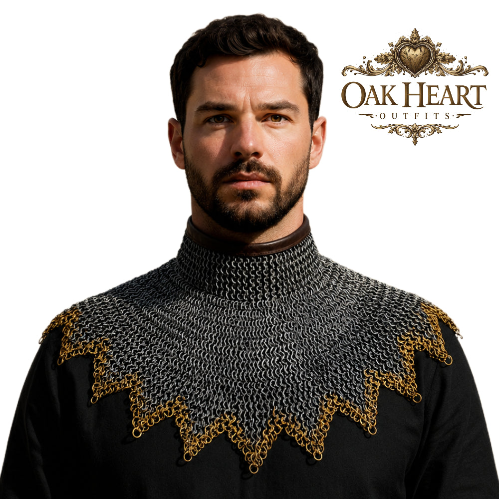 Medieval Chainmail Gorget Collar – Flat Riveted Rings with 3 Brass Rows