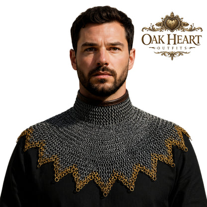 Medieval Chainmail Gorget Collar – Flat Riveted Rings with 3 Brass Rows