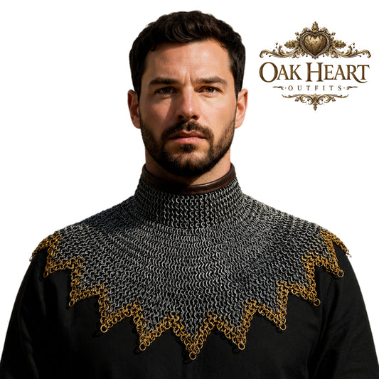 Medieval Chainmail Gorget Collar – Flat Riveted Rings with 3 Brass Rows