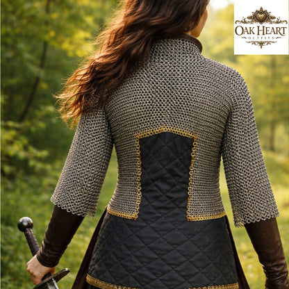 Medieval 9MM Chainmail Half Hauberk – Flat Riveted Armor with Brass Trim