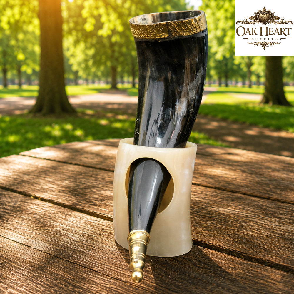 Medieval Viking Drinking Horn – Celtic Knotwork Ale Mug with Stand