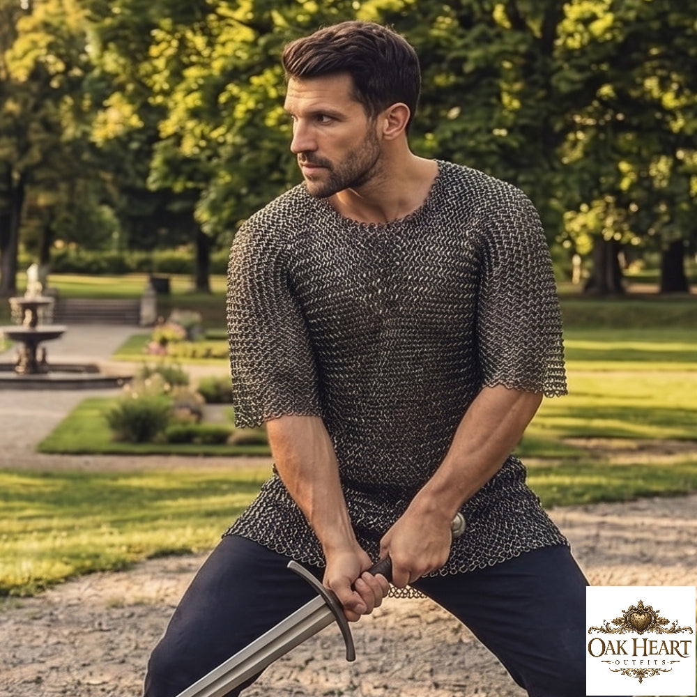 Medieval 9mm Riveted Chainmail Shirt – Mild Steel Armor with Brass Accents