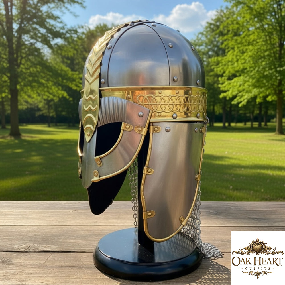 Medieval Gjermundbu Viking Helmet – Norse Knight Helmet with Wooden Stand