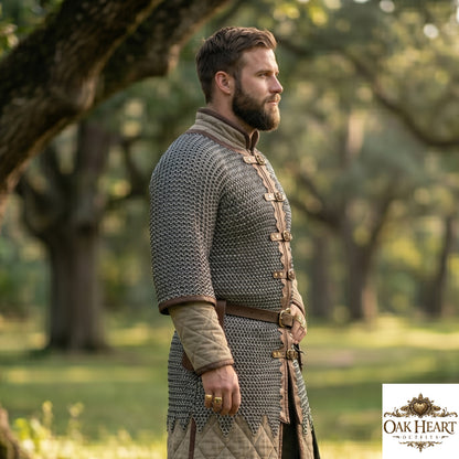 Medieval Chainmail Shirt 9mm Flat Riveted – Leather Trim Zig-Zag Design Armor