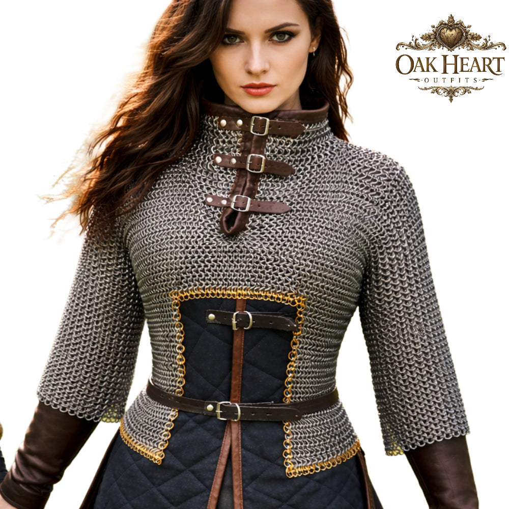 Medieval 9MM Chainmail Half Hauberk – Flat Riveted Armor with Brass Trim