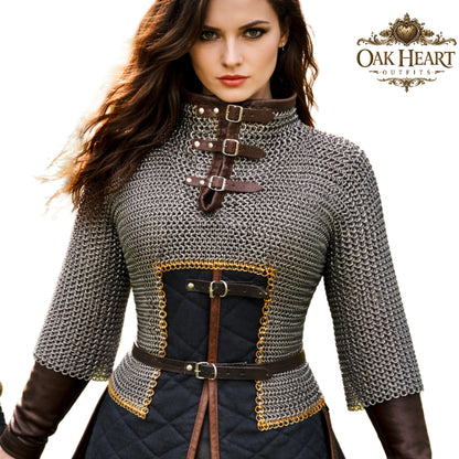 Medieval 9MM Chainmail Half Hauberk – Flat Riveted Armor with Brass Trim