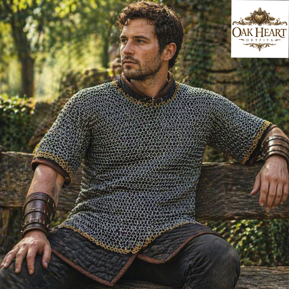 Medieval 9mm Round Riveted Chainmail Hauberk, Riveted Mild Steel Armor, Brass Trim, Half Sleeve Warrior Shirt