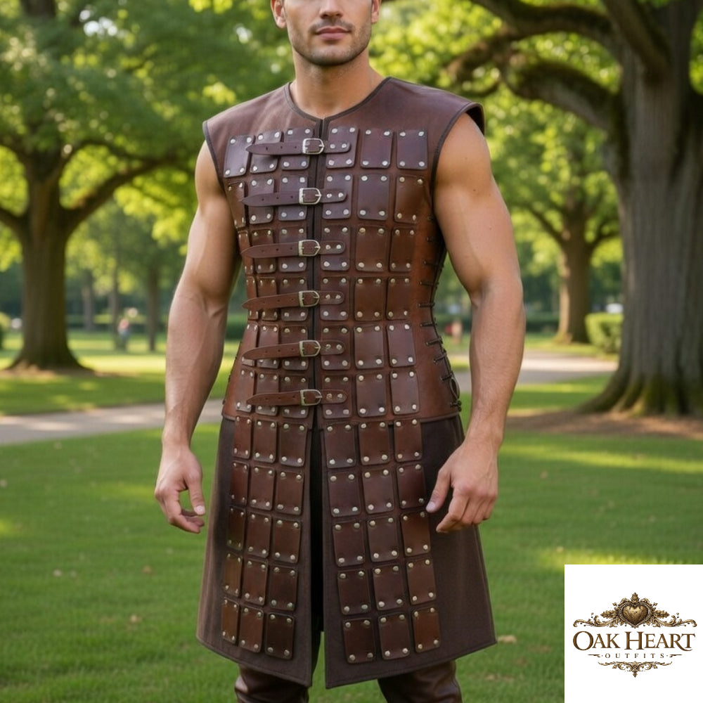 Men’s Brown Leather Gladiator Armor Outfit – Roman Warrior Costume with Buckle Design”