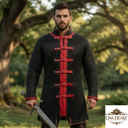 Medieval Black Chainmail Shirt – 10mm Flat Rings, Handmade Aluminum Armor, Zig Zag Border