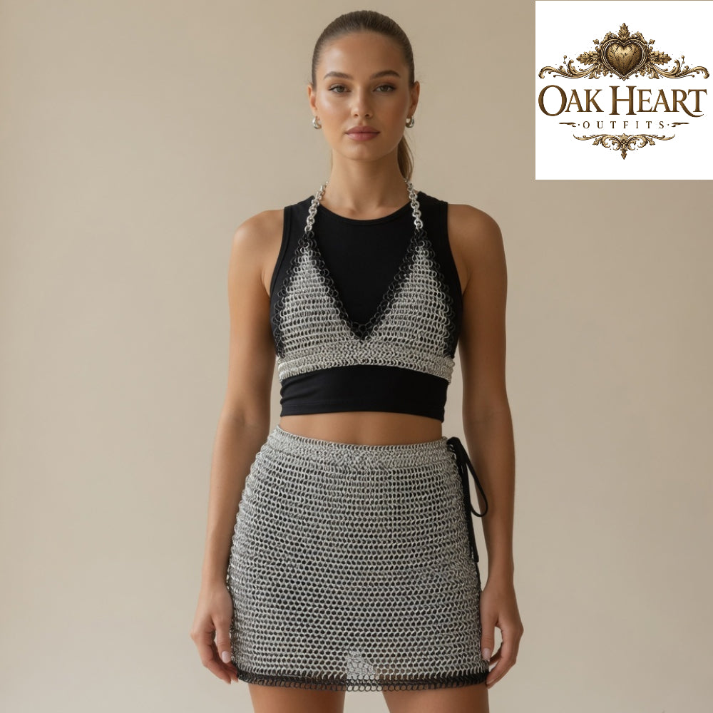 Anodized Aluminum Chainmail Top & Skirt Set Silver with Black Trim – Ren Faire Cosplay Costume