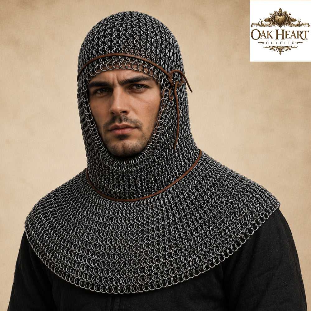 9MM Flat Ring Chainmail Coif – Medieval Armor Hood for LARP & Cosplay