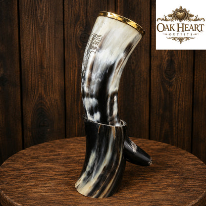 Engraved Viking Horn Cup with Holder – Medieval Rustic Barware Gift