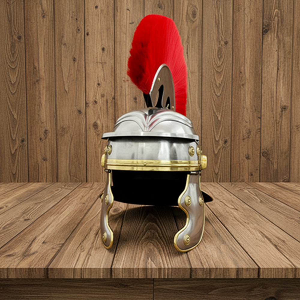 Roman Centurion Helmet with Red Plume & Wooden Stand – Medieval Roman Armor Helmet