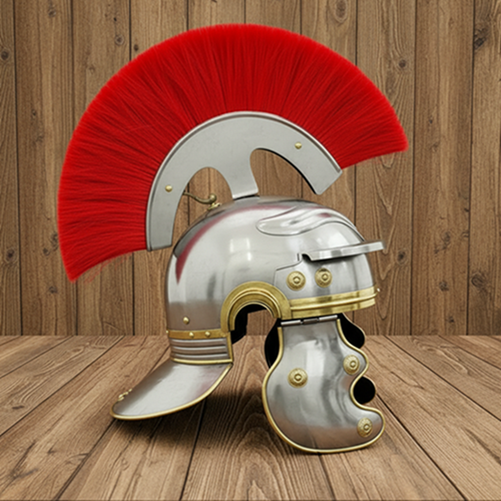 Roman Centurion Helmet with Red Plume & Wooden Stand – Medieval Roman Armor Helmet
