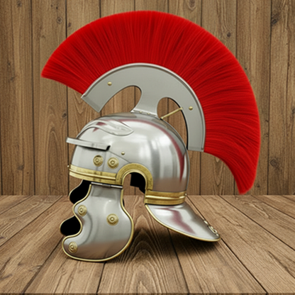 Roman Centurion Helmet with Red Plume & Wooden Stand – Medieval Roman Armor Helmet