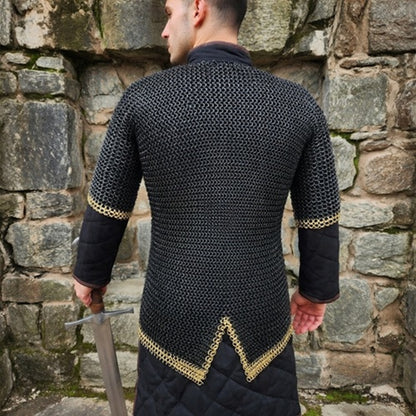9MM Riveted Chainmail Haubergeon – Flat Ring Viking Armor Shirt with Brass Trim
